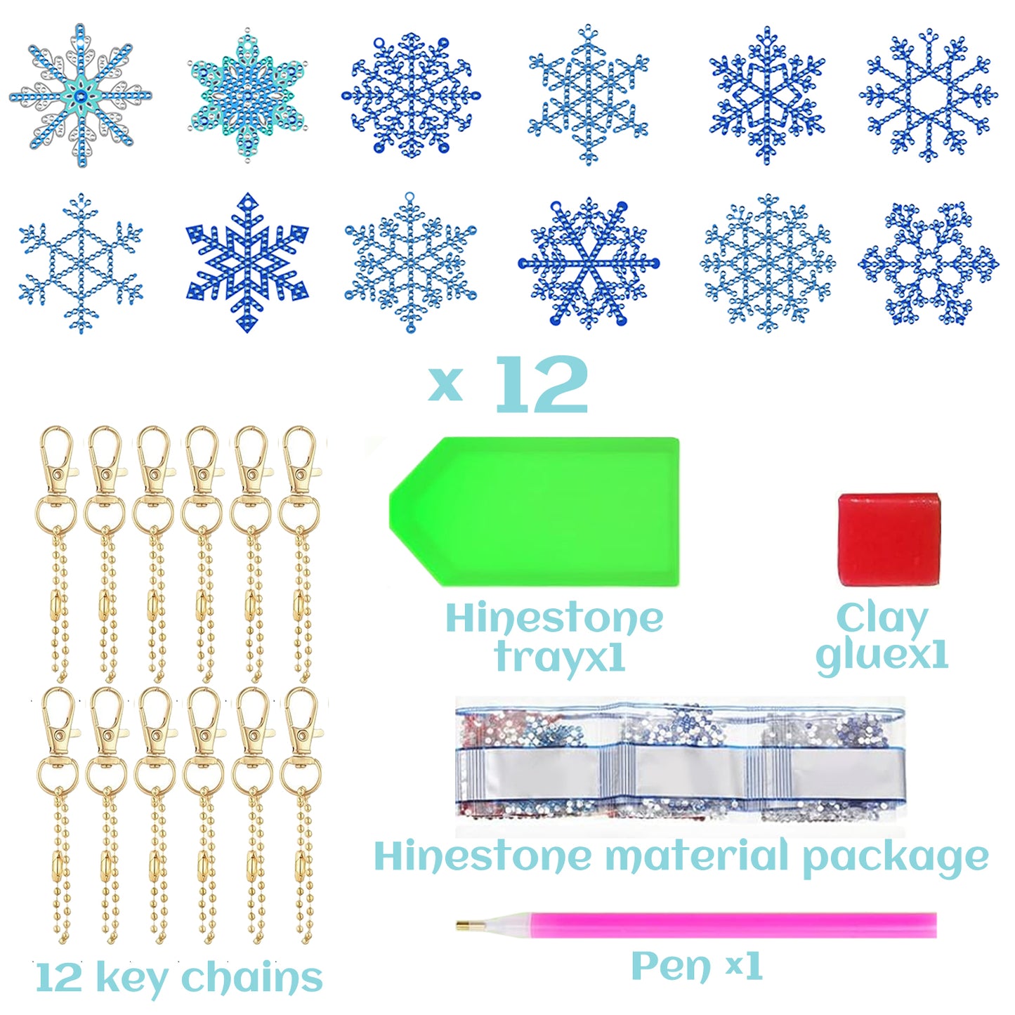 Snowflake Rhinestones Painting Keychain Kits - 12 Packs