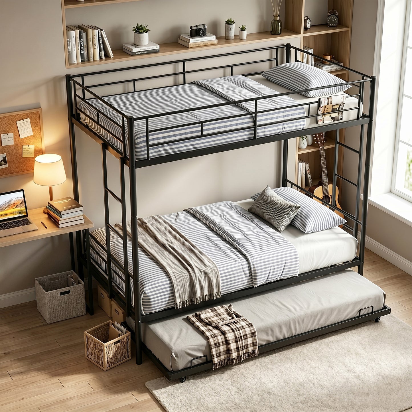 Twin Over Twin Bunk Bed with Trundle, Safety Rails & Dual Ladder