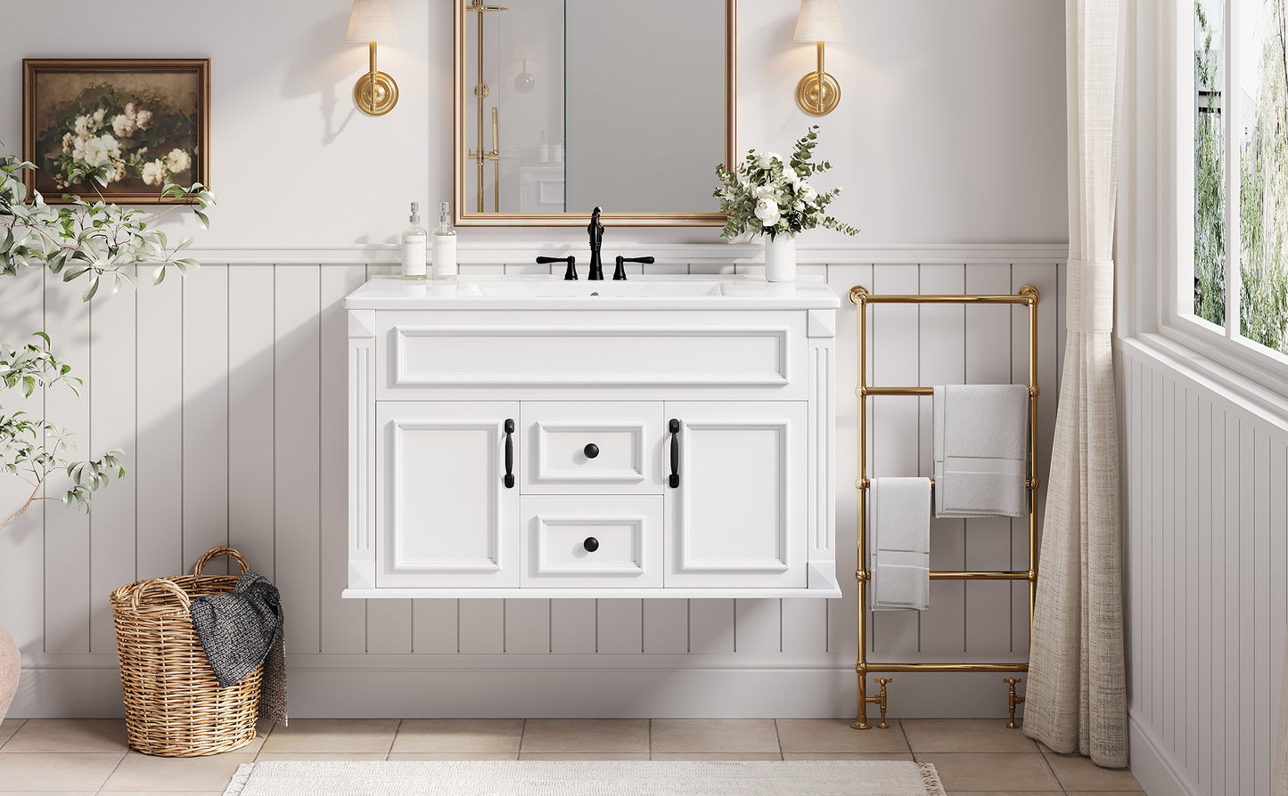 36-Inch Wall-Mounted Bathroom Vanity with Ceramic Sink - White