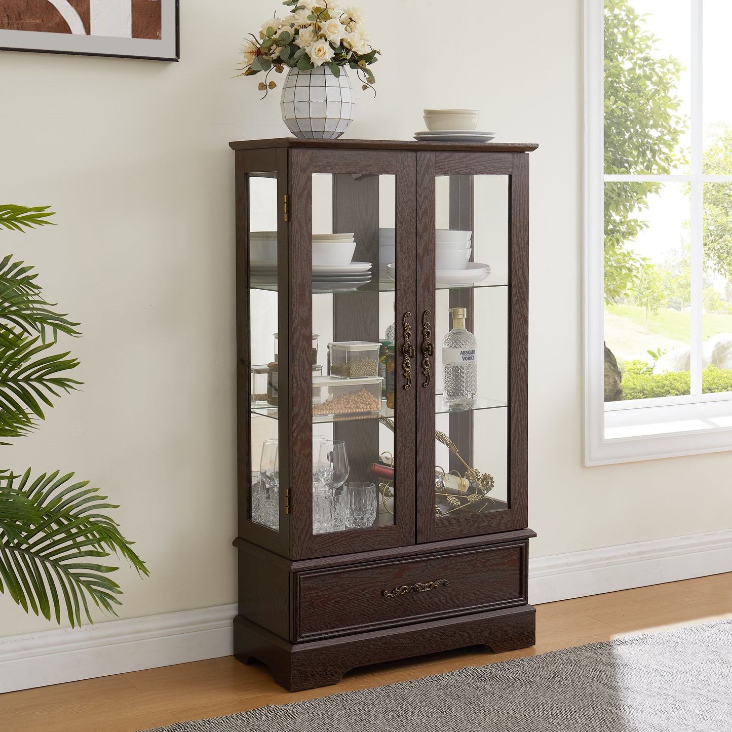 Lighted Glass Curio Cabinet with Adjustable Shelves & Drawer - Cherry