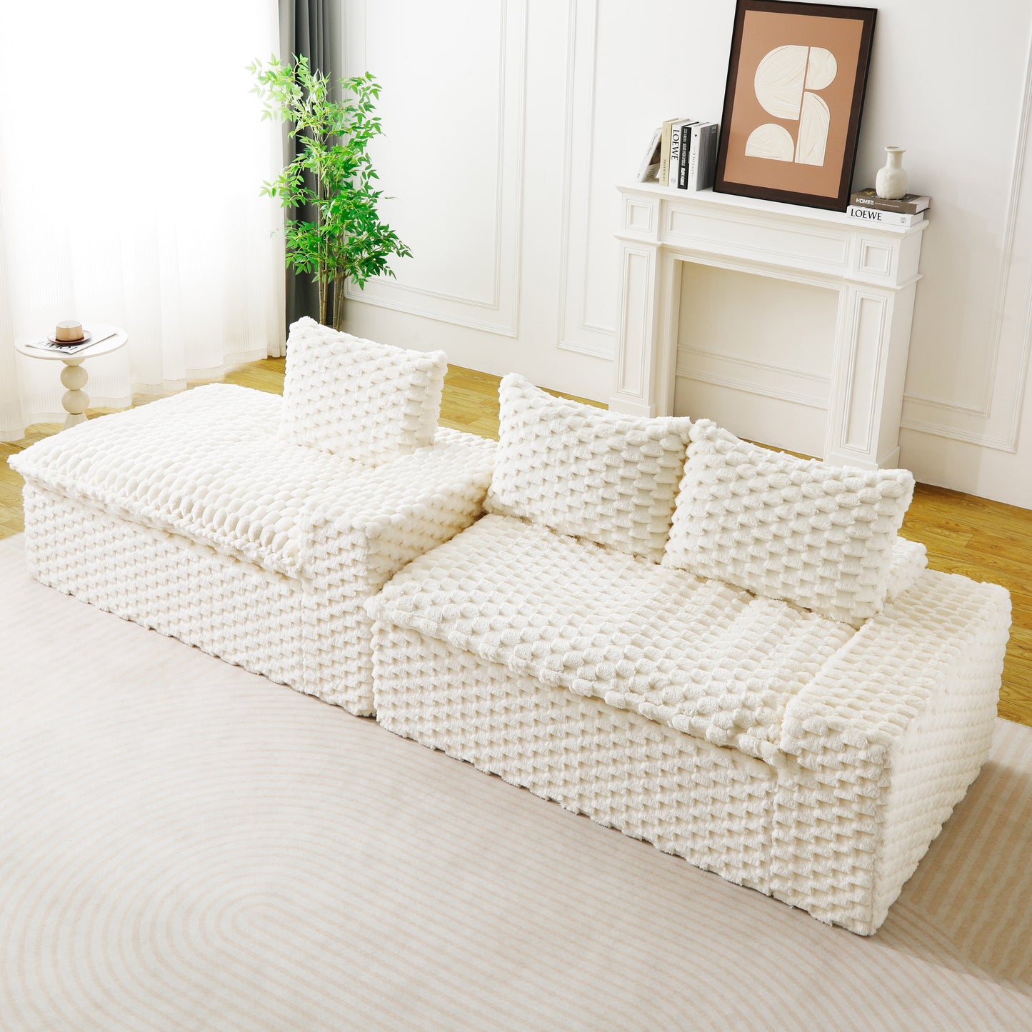 Convertible Twin-Seat Velvet Sofa with Left Chaise Lounge - White
