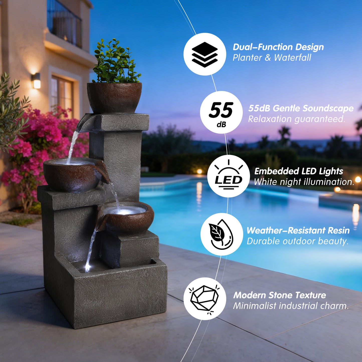 Outdoor Tiered Water Fountain with LED Lights Resin Garden Decor 23in