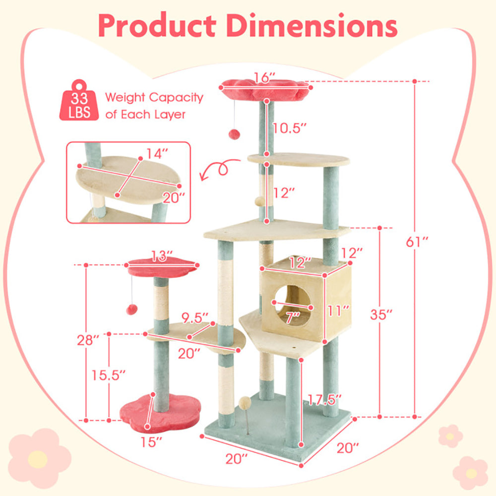 Multi-Level Cat Tree Tower with Flower-Shaped Perch and Scratching Posts - 61 Inch