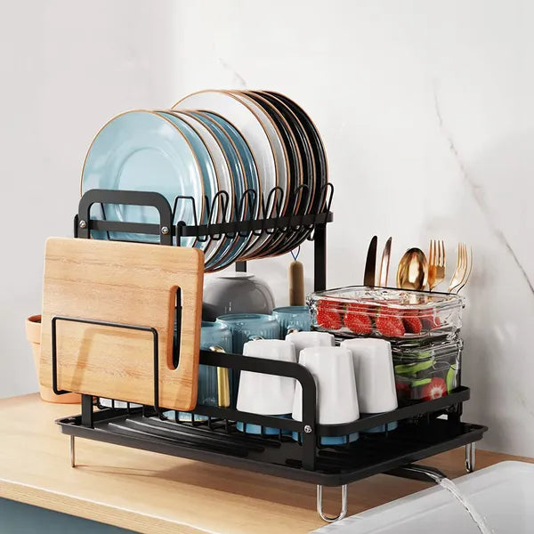 2-Tier Dish Drying Rack with Drainboard - Space Saving Black