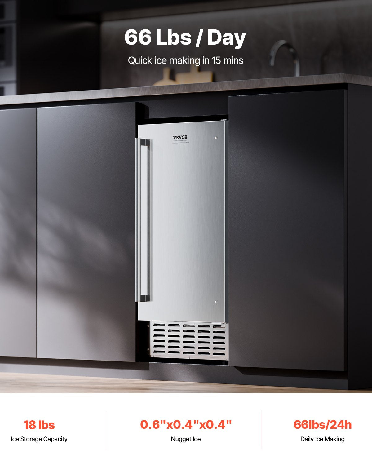 Undercounter Ice Maker 66 Lbs/Day Built-In Nugget Ice Machine with Reversible Door