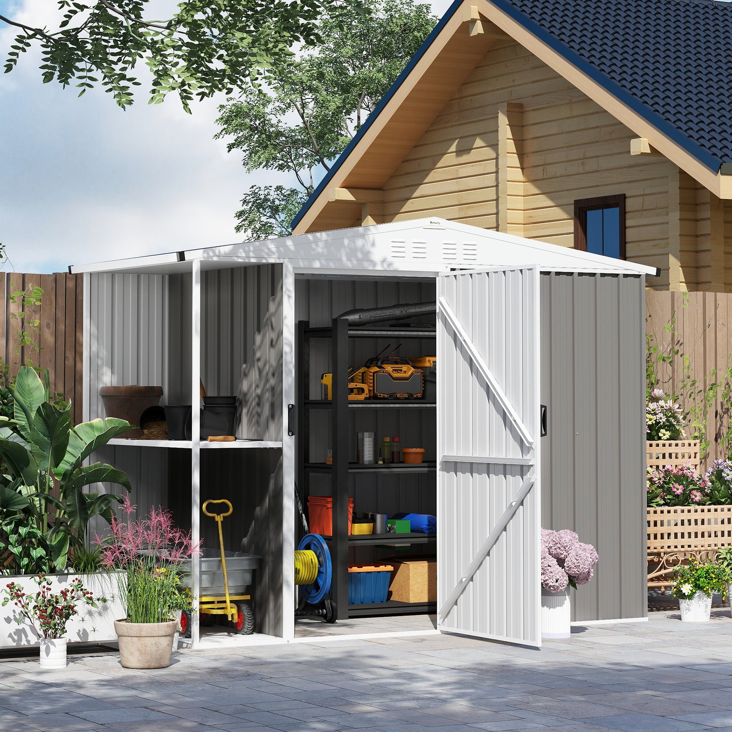 8x4ft Outdoor Metal Garden Shed with Air Vents & Lock - Warm Gray