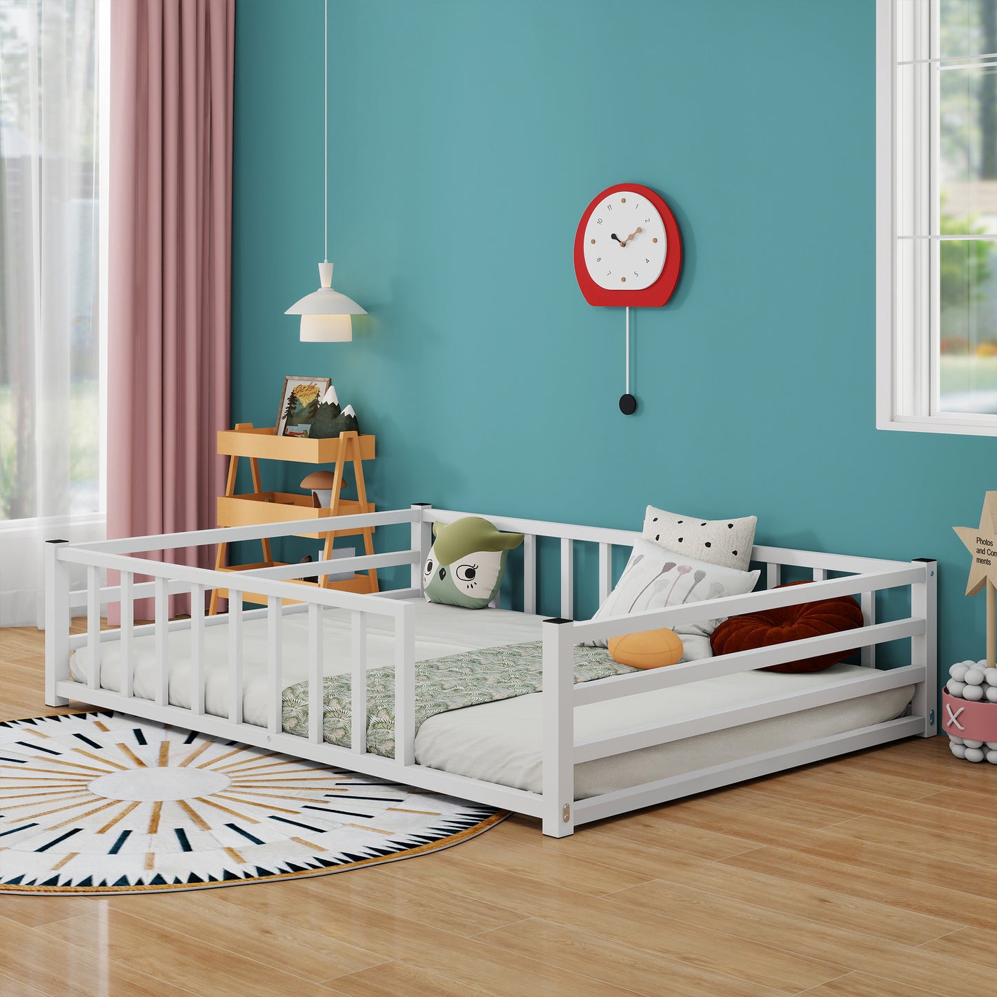 Full Size Low Profile Metal Bed Frame with Guardrails - White