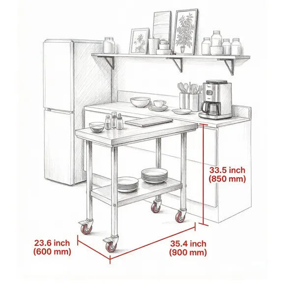 Sleek Metal Work Table With Adjustable Height And Shelf For Kitchen