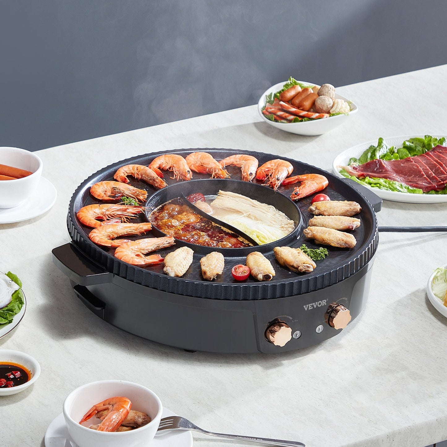 Electric Hot Pot with Grill 1800W 2-in-1 Smokeless Cooker for Family