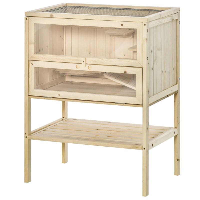 3-Tier Wooden Hamster Cage with Openable Top & Shelves - Natural Wood Small Animal Habitat