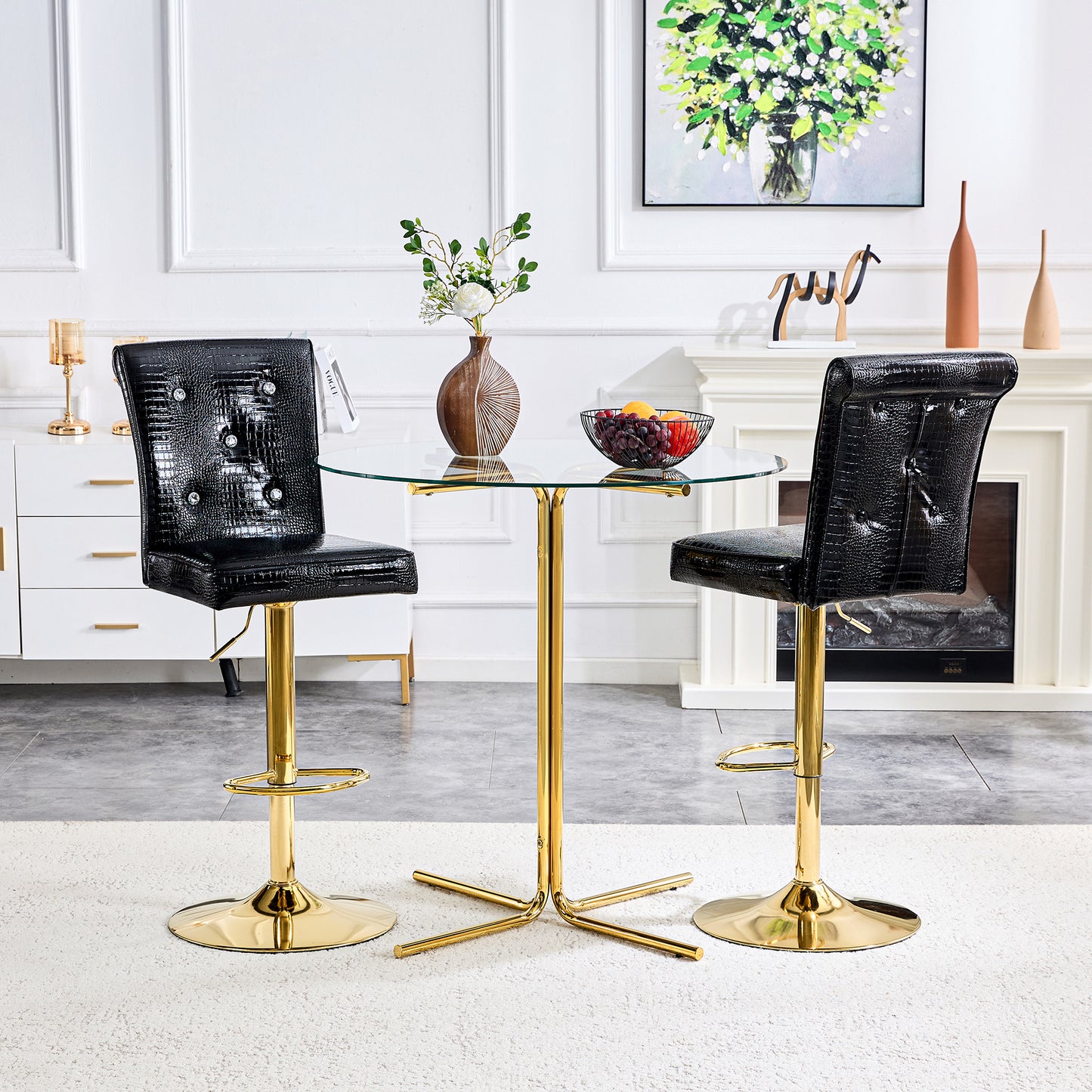 A Set Of 2 Black Vintage Crocodile Leather Lift Bar Chairs, Featuring