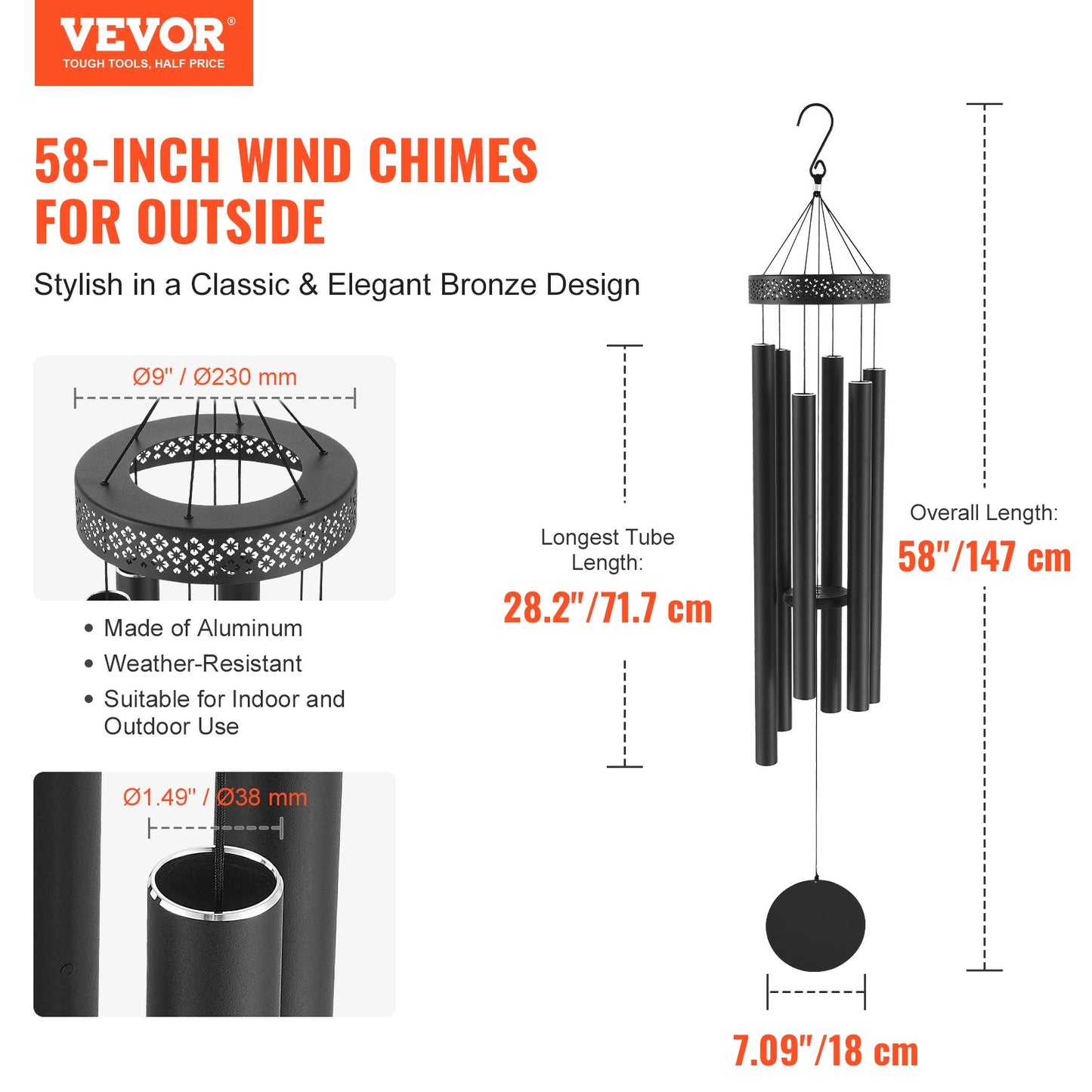 58-Inch Aluminum Wind Chimes for Outdoors - Deep Tone Garden Decor