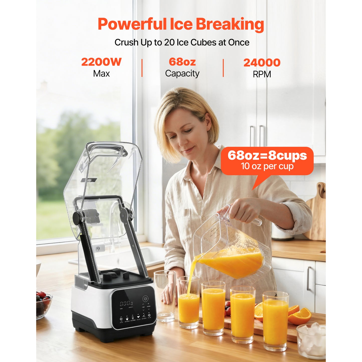 68 Oz Commercial Countertop Blender with 2200W Power, Speed Settings & Self-Cleaning