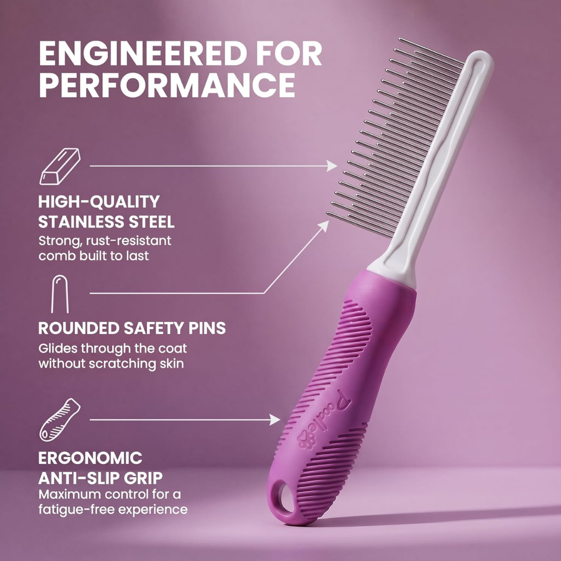 Pet Comb with Stainless Steel Long & Short Teeth for Detangling & Grooming - Purple