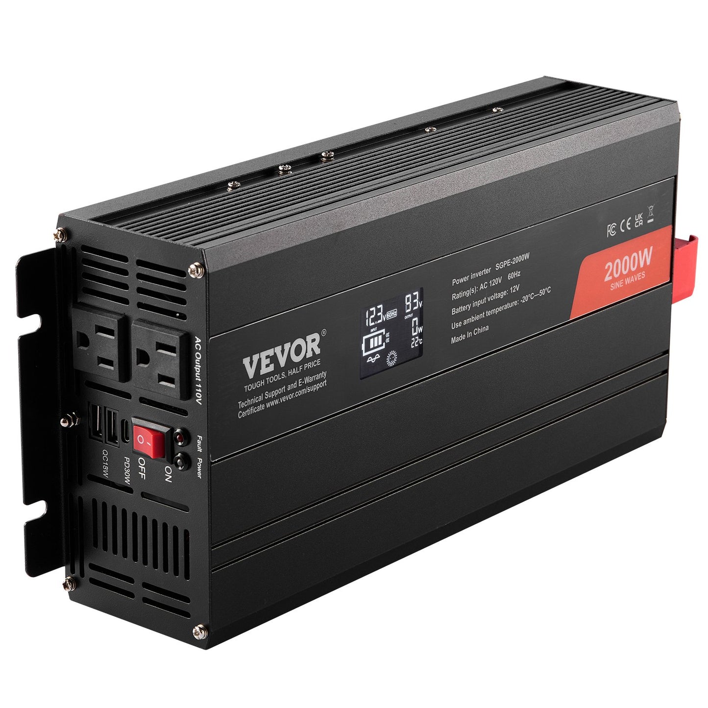2000W Pure Sine Wave Power Inverter with 2 AC Outlets, USB & Type-C, LCD, Remote - 12V to 120V