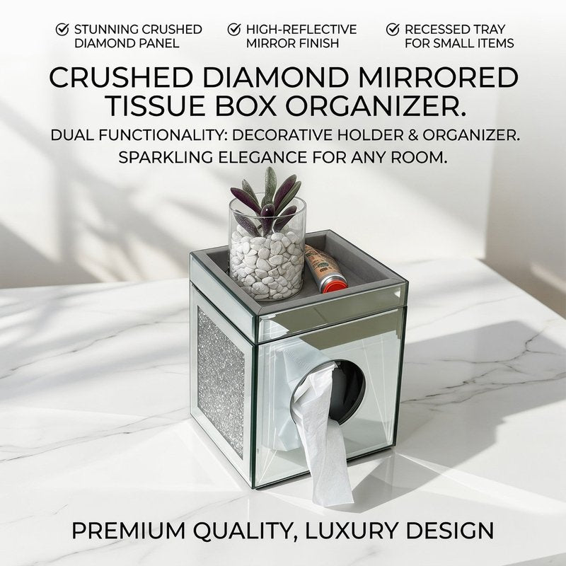 Mirrored Crushed Diamond Tissue Box Cover Square Glass Bathroom Decor Silver