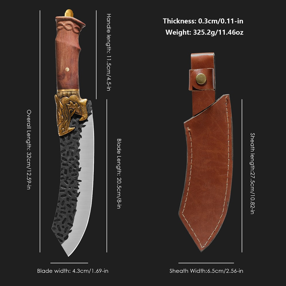 Hand Forged Camping Knife with Dragon Head Handle & Leather Sheath