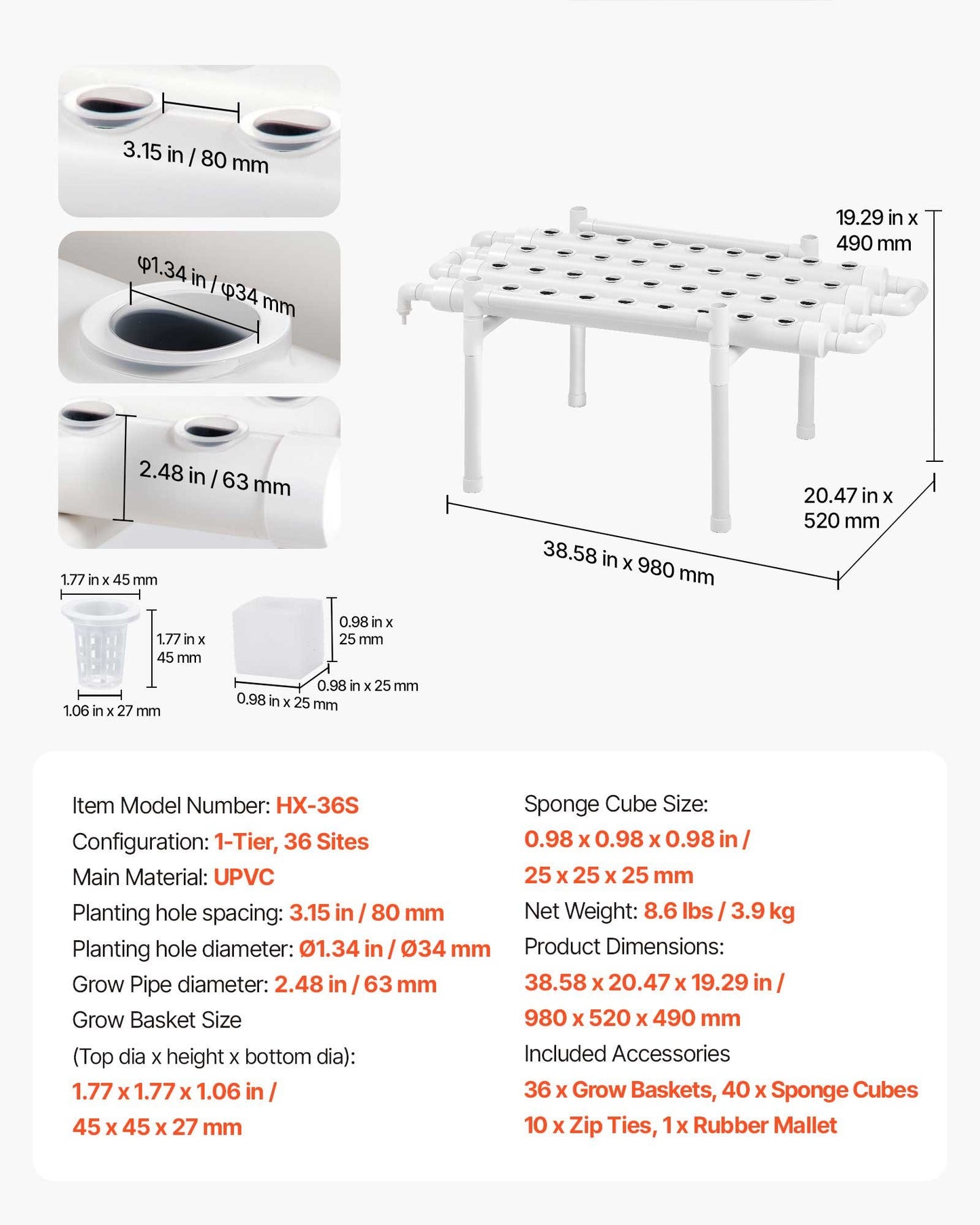 Hydroponic Growing System Kit with 36 Sites, Timed Irrigation & Light-Blocking Pipes