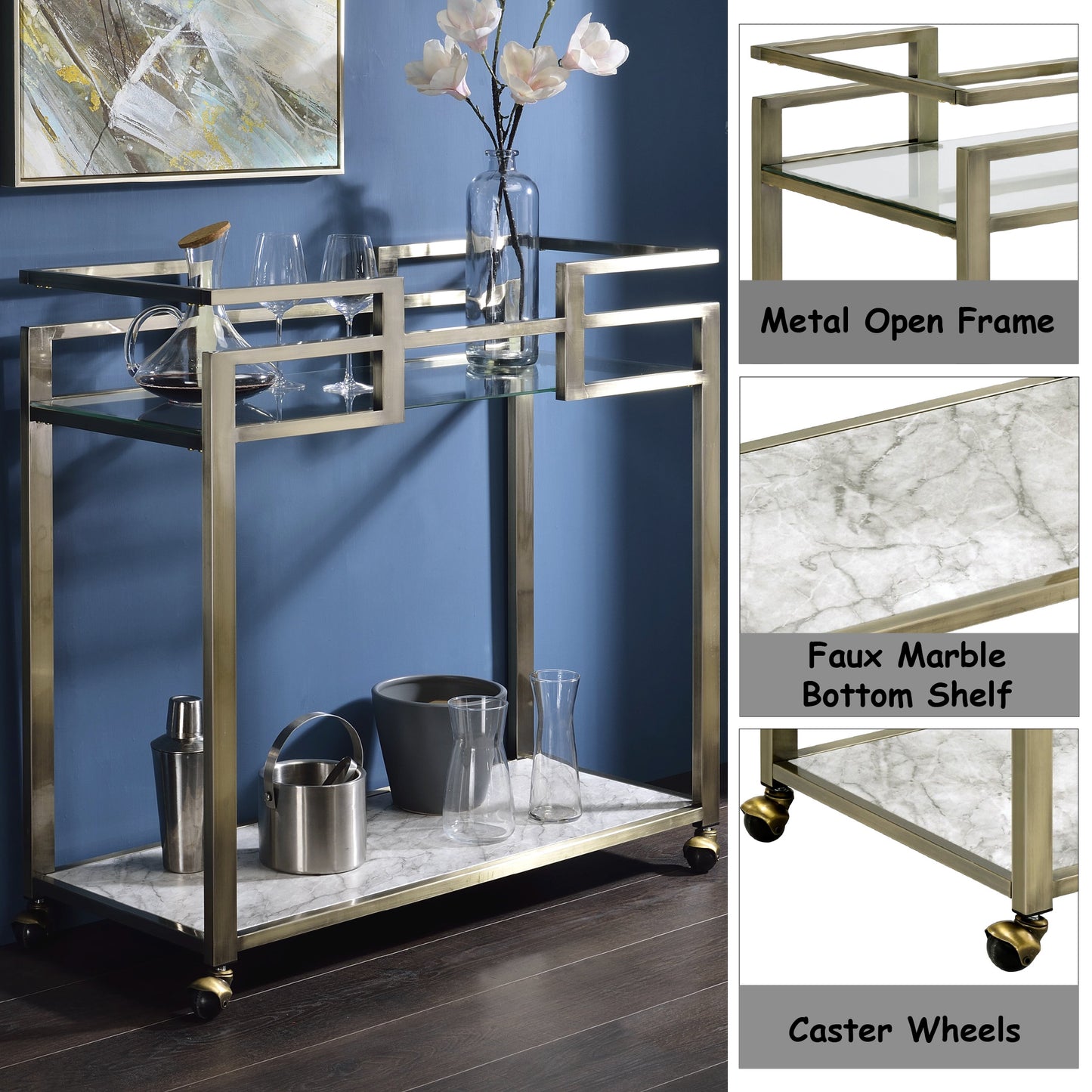 Clear Glass Serving Cart with Faux Marble Top & Brass Finish