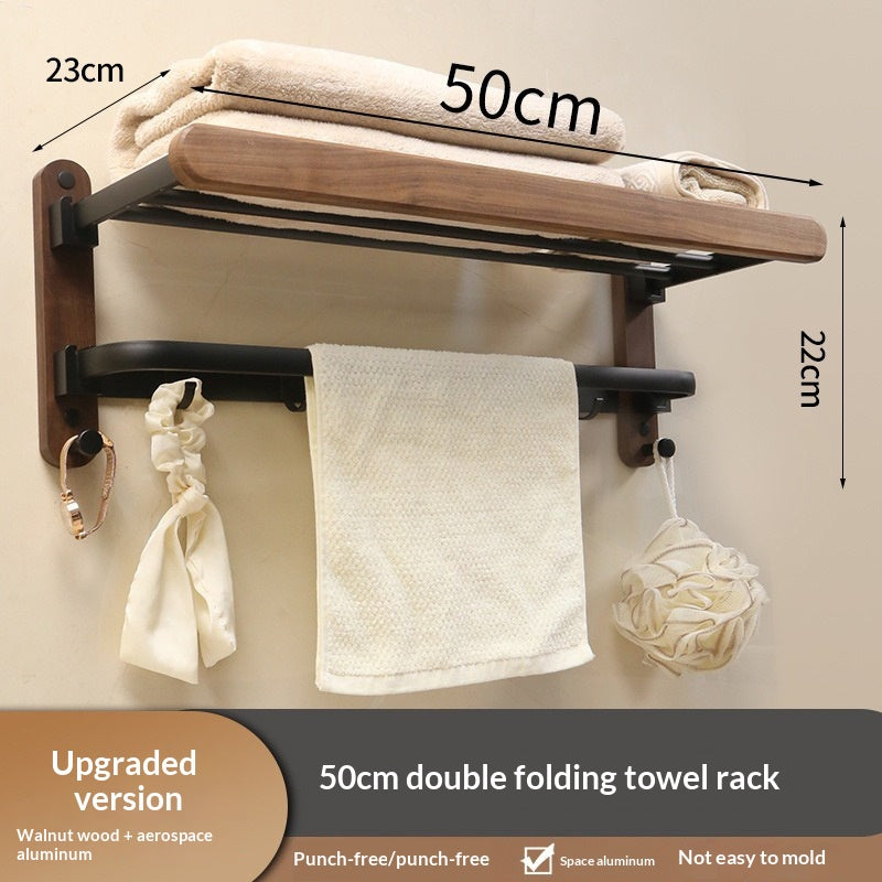 Double-Fold Walnut Towel Rack - Space Saving Bathroom Organizer