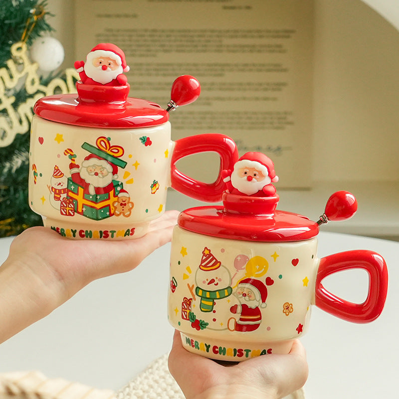Christmas Ceramic Mug with Lid - Cartoon Holiday Drinkware, 301-400ml