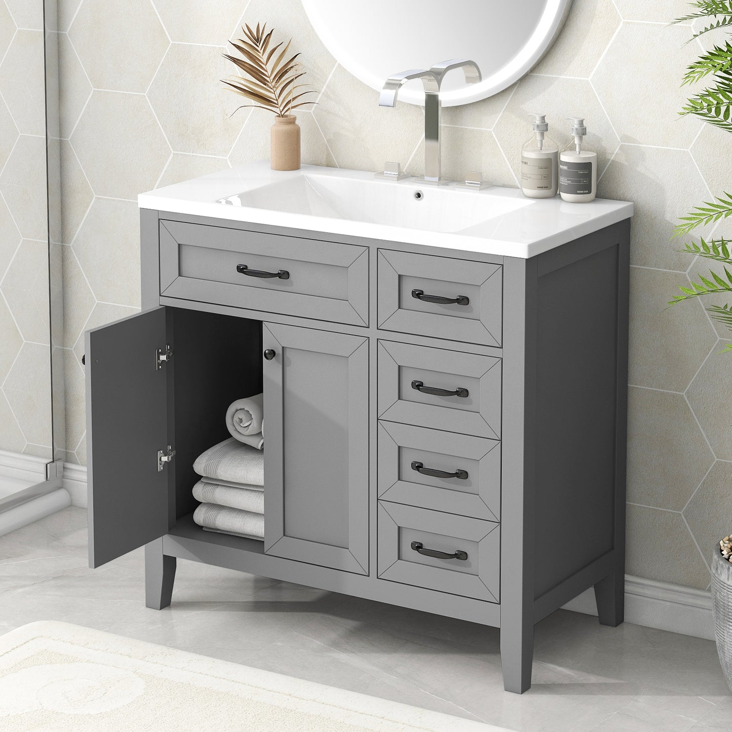 36" Bathroom Vanity with Sink Combo - Grey Cabinet with Drawers