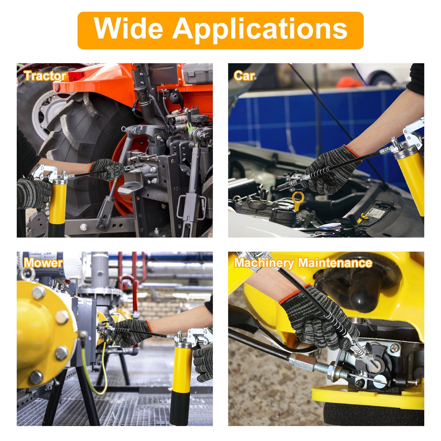 High Pressure Grease Gun Kit 7000 PSI with Flex Hose & Nozzles - 14oz