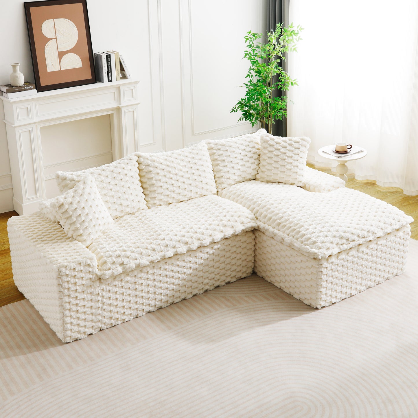 Convertible Twin-Seat Sofa with Right Chaise Lounge - White