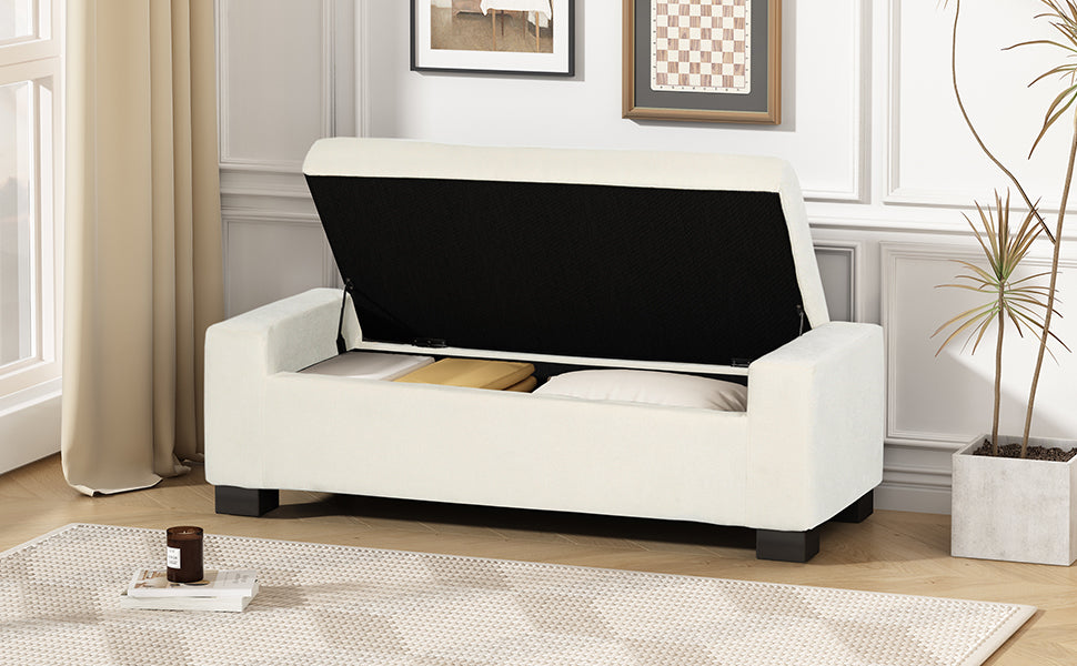 50-Inch White Storage Ottoman with Hinged Lid for Living Room & Bedroom