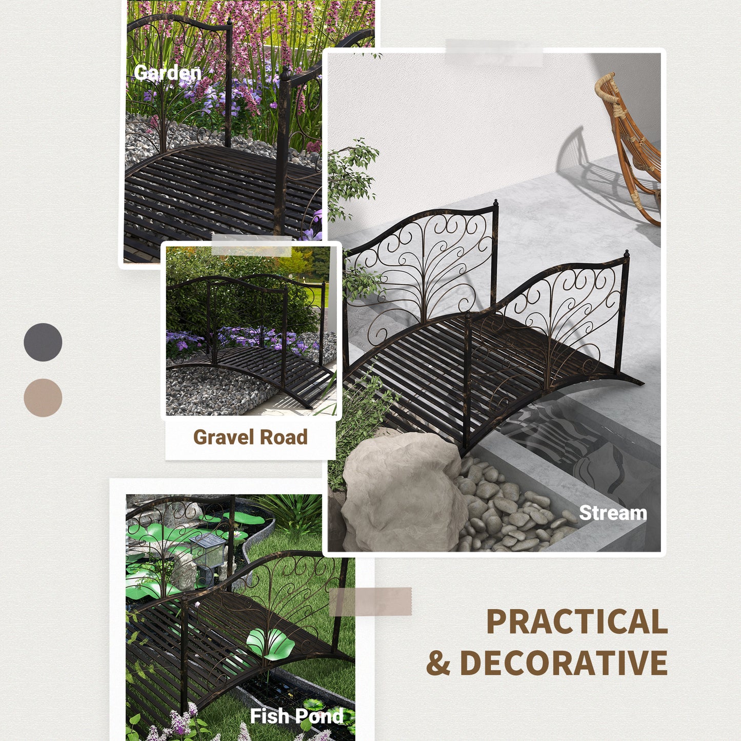 4-Foot Metal Garden Bridge with Scrollwork & Safety Siderails, Easy Assembly, Black or Bronze