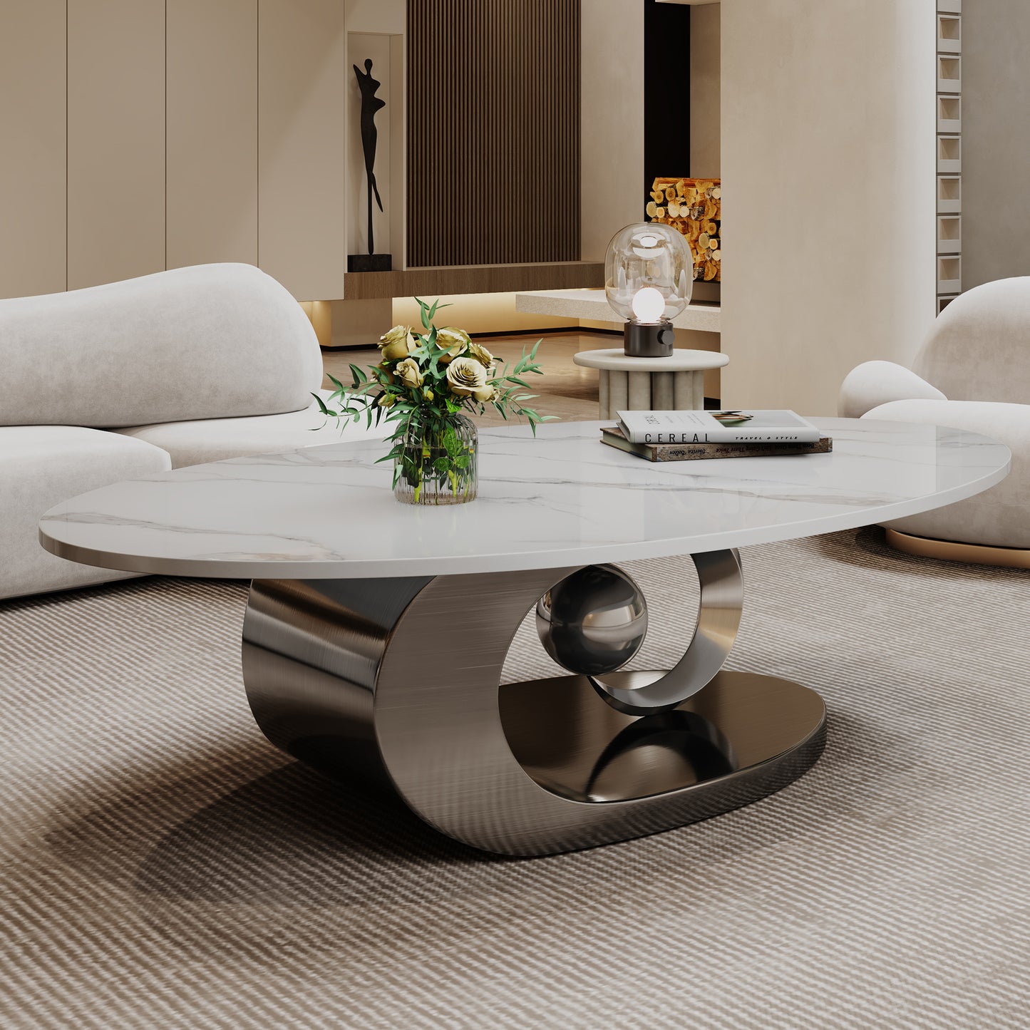 Marble Coffee Table with Sculptural Stainless Steel Base - Grey White