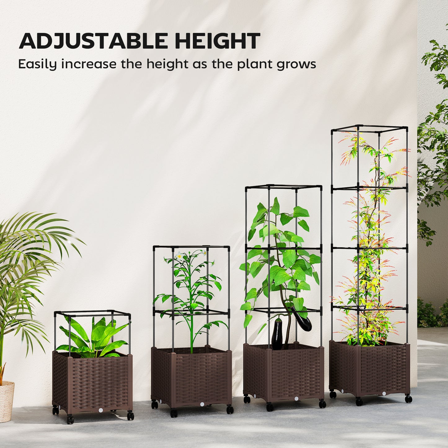 Raised Garden Bed with Trellis and Lockable Wheels - Self Watering Planter, Brown, 440x440x160mm