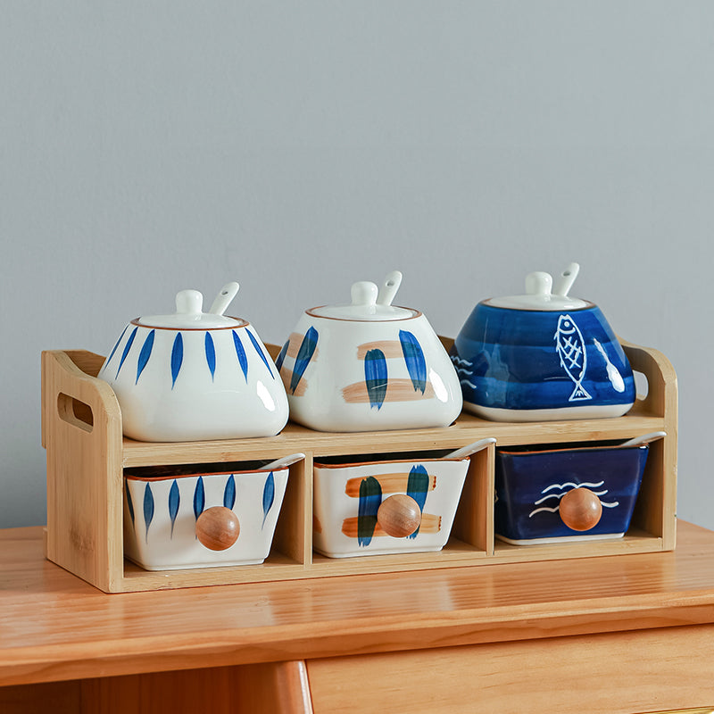 Japanese Style Spice Box Set Multiple Sizes Ceramic Kitchen Organizer
