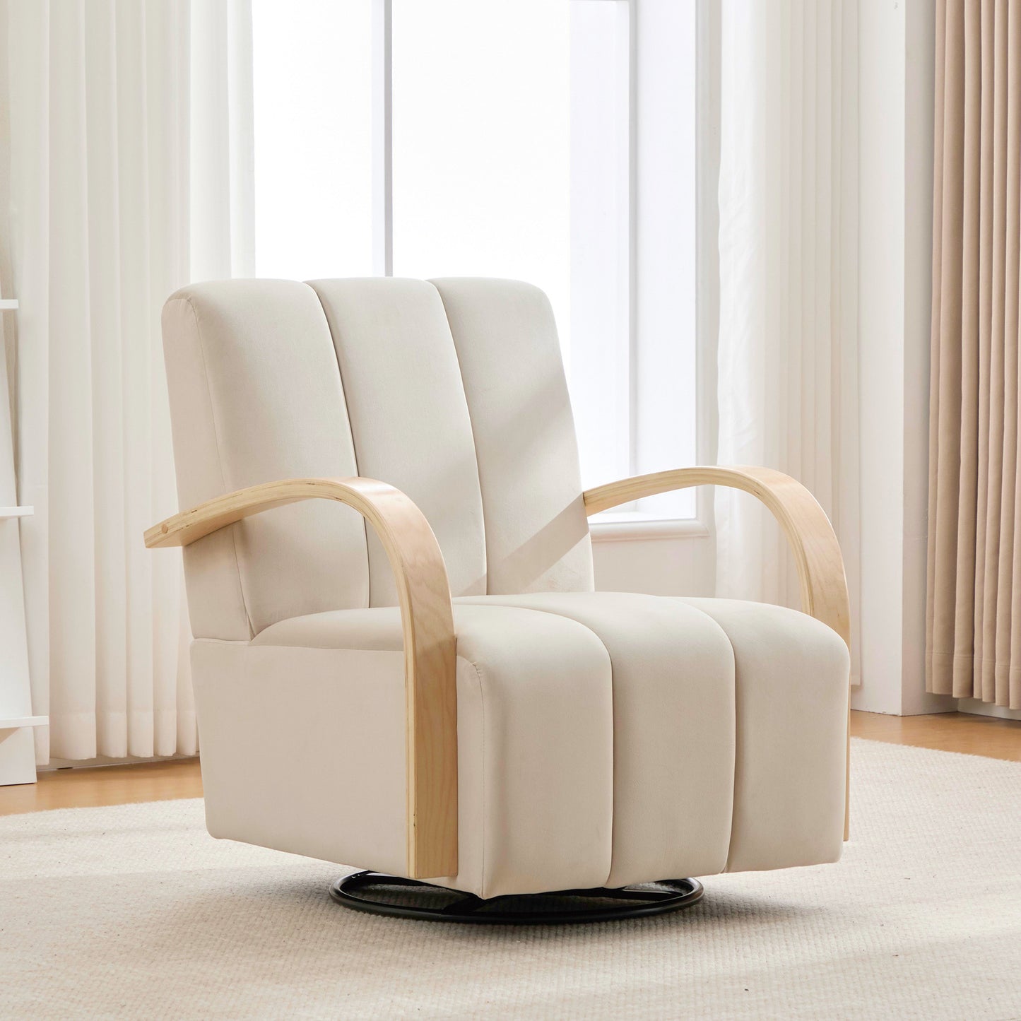Modern Beige Upholstered Swivel Accent Chair with Solid Wood Armrests
