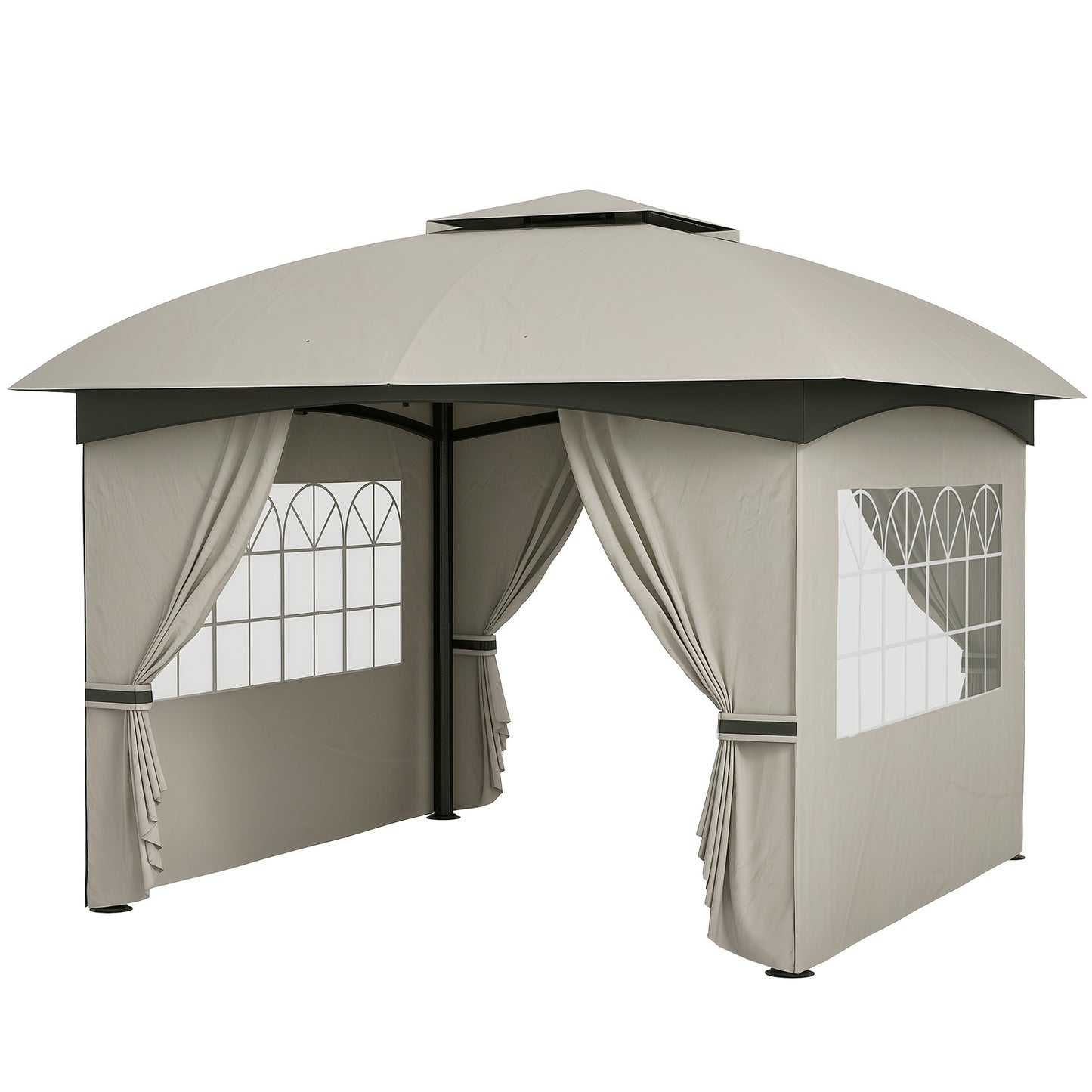 Outdoor Gazebo with Curtains and Church Windows - Light Gray