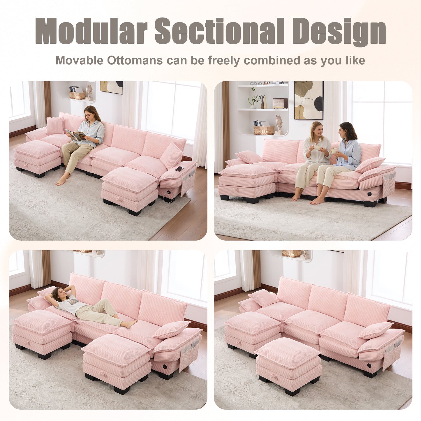 Modular Cloud Sofa - Comfy Corduroy Sectional for Living Room - Pink
