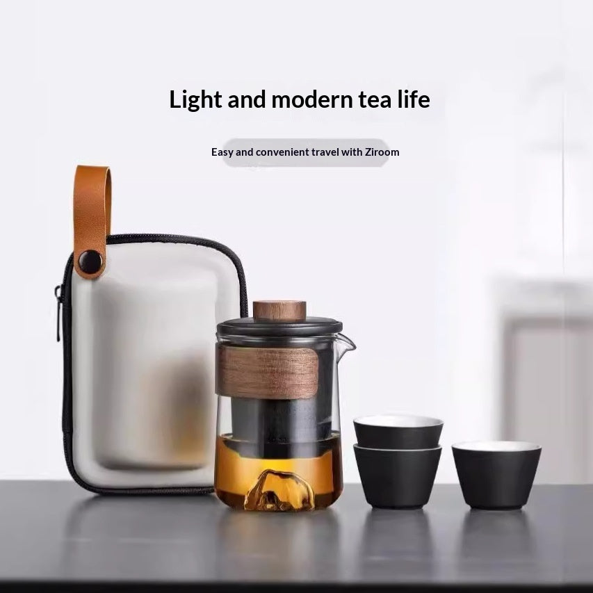 Outdoor Travel Tea Set with Canister Tray & Caddy - Portable Ceramic Tea Kit