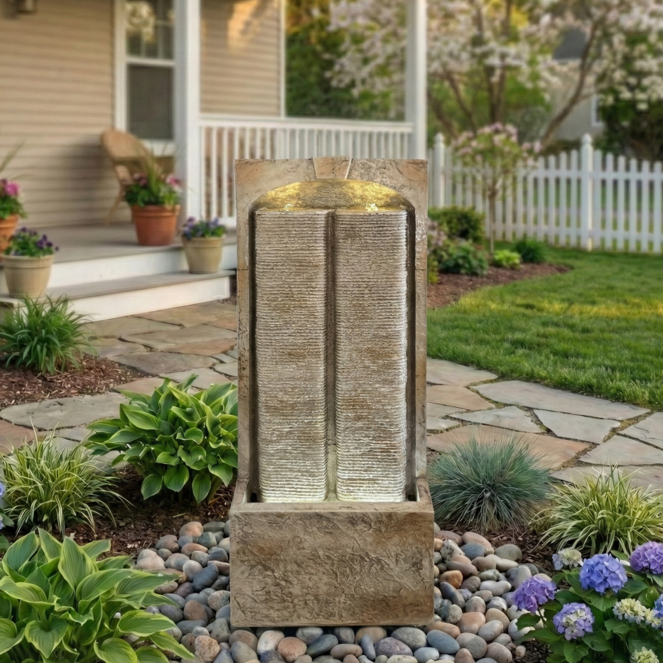 39 Inch Outdoor Water Fountain with Pump, Modern Cascading Garden Water Feature with LED Lights