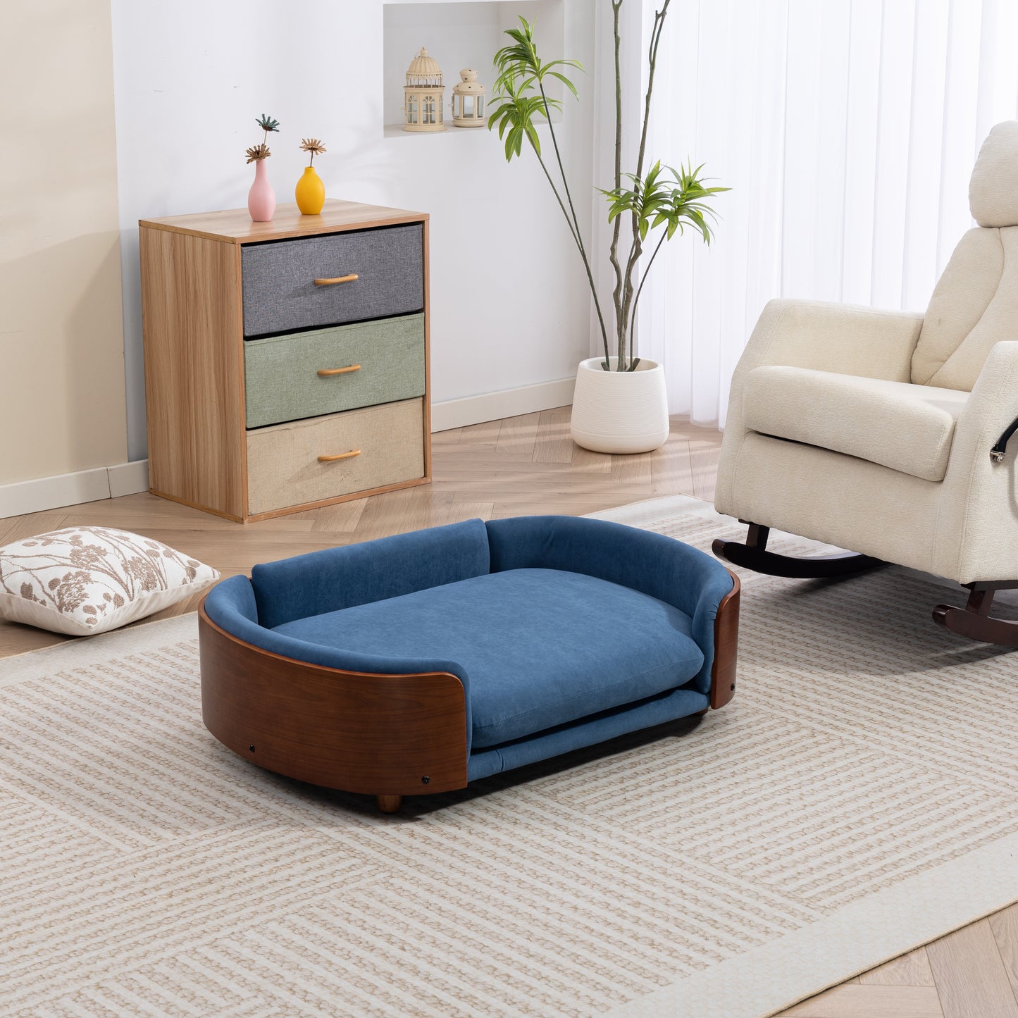 Large Scandinavian Style Elevated Dog Bed with Velvet Cushion and Solid Wood Legs