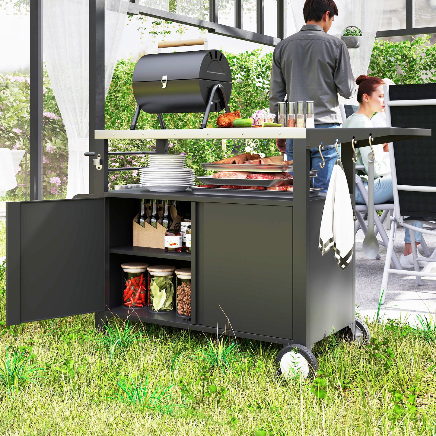 Outdoor Grill Cart with Stainless Steel Top & Foldable Side Table