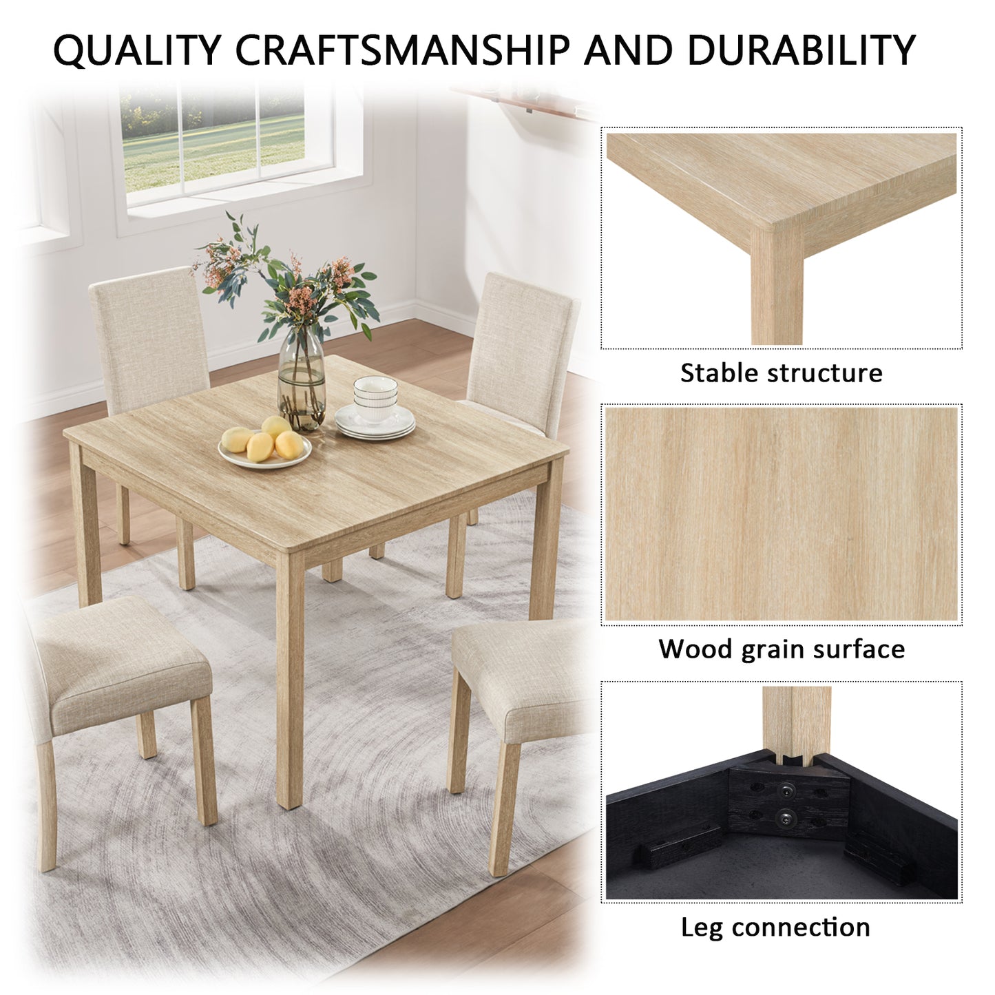 5-Piece Dining Table Set with 4 Chairs - Light Oak