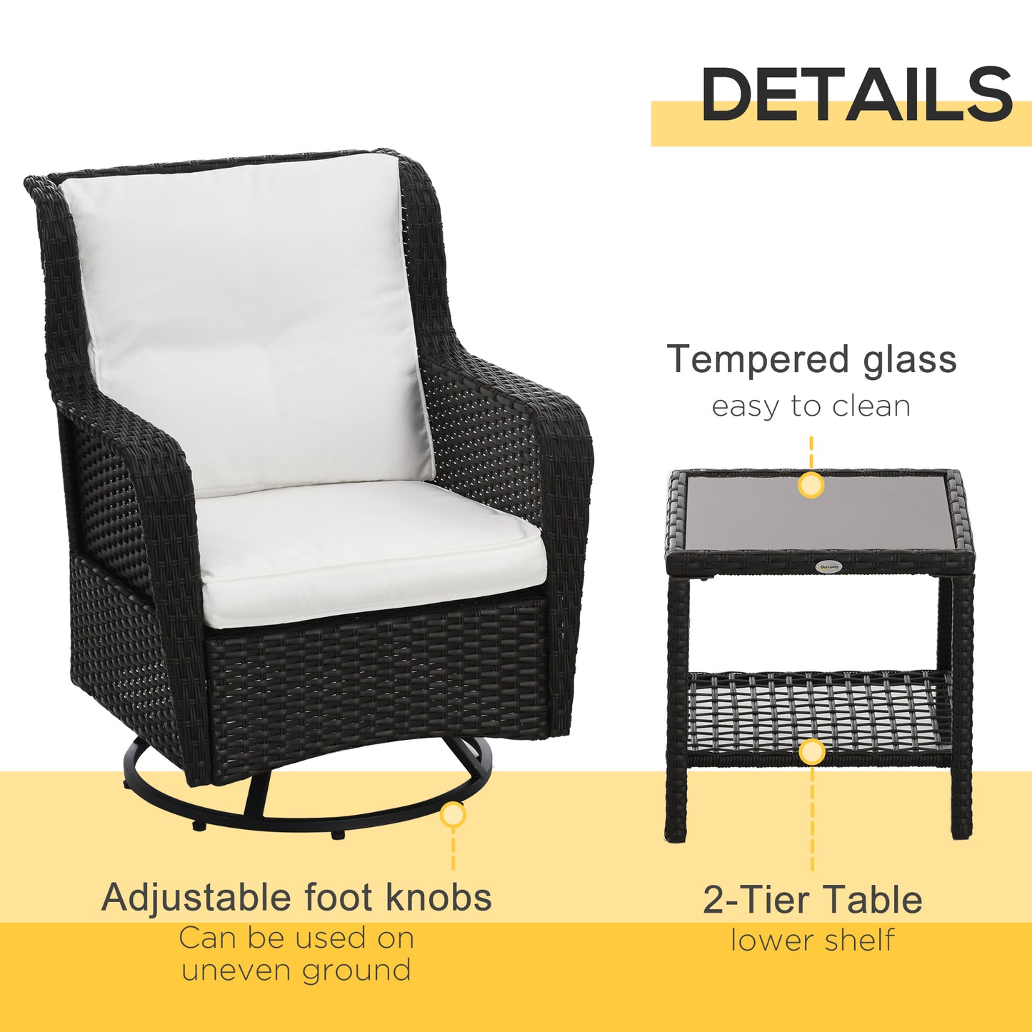 Outdoor Patio Bistro Set with Swivel Rockers & Coffee Table - Cream White