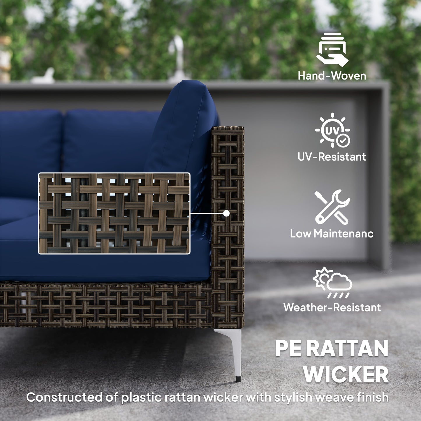 7-Piece Modular Wicker Patio Furniture Set with Cushions - Brown/Blue