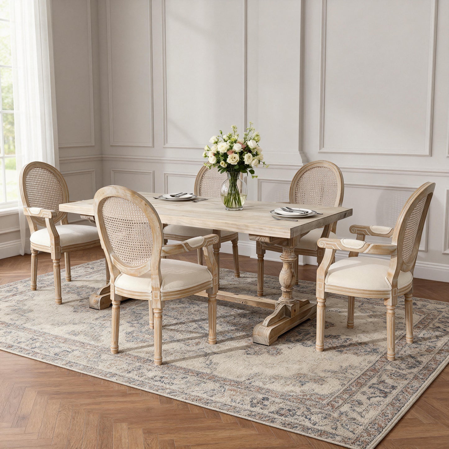French Country Dining Armchair Set of 2 - Beige Upholstered Chairs