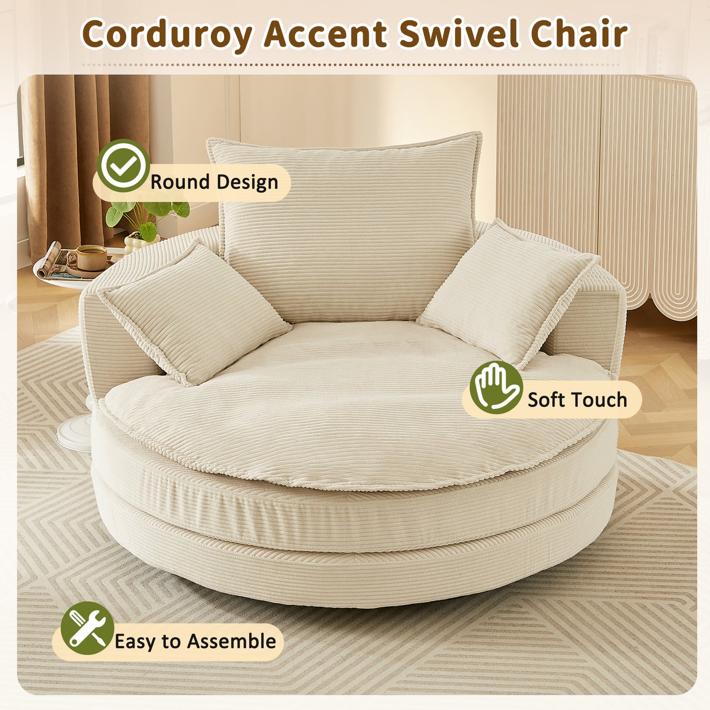 Oversized 360° Swivel Accent Chair with Dual-Layer Cushion - Beige