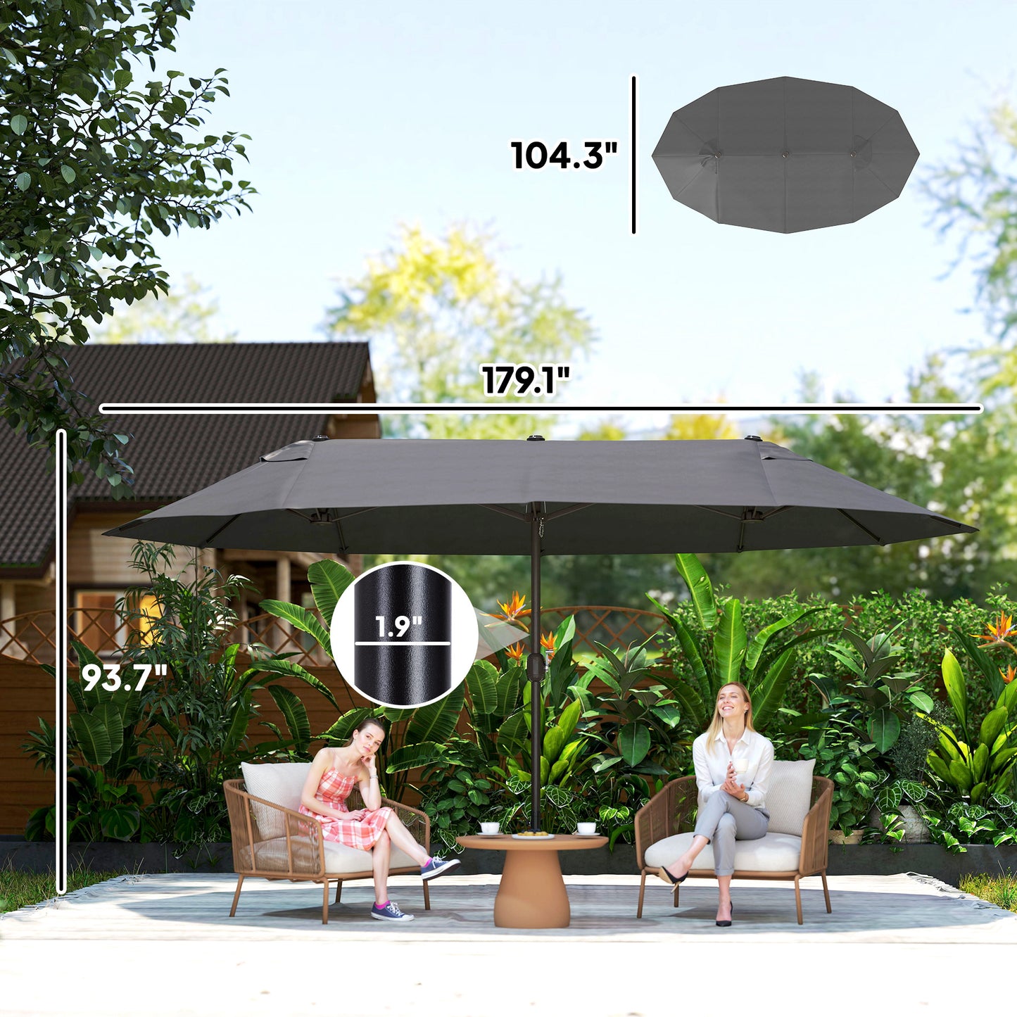 15 ft Double-Sided Patio Umbrella with Crank Handle - Gray