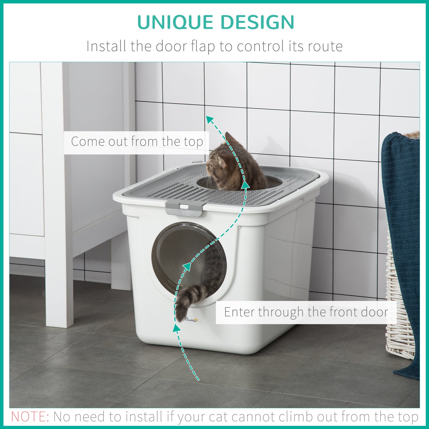 Covered Cat Litter Box with Front Entrance and Top Exit - Easy Cleaning, Odor Control, White