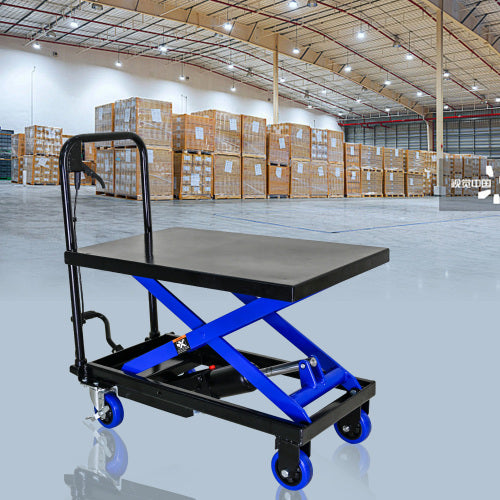 Hydraulic Lift Truck 500 lbs Capacity for Material Handling and Transportation - Steel, Black+Blue