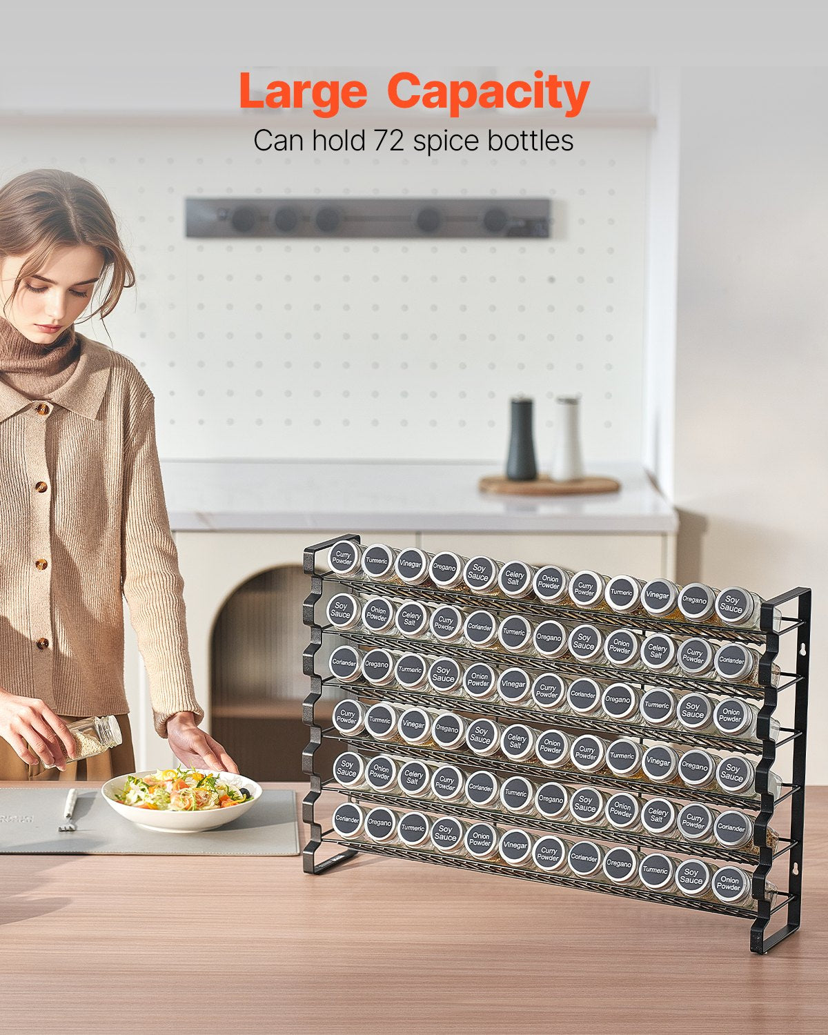 Spice Rack Organizer with 72 Glass Jars - Wall Mounted Storage Set