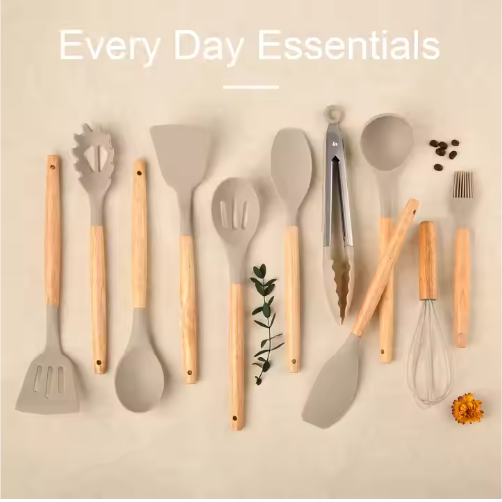 12-Piece Non-Stick Silicone Kitchen Utensil Set - Khaki